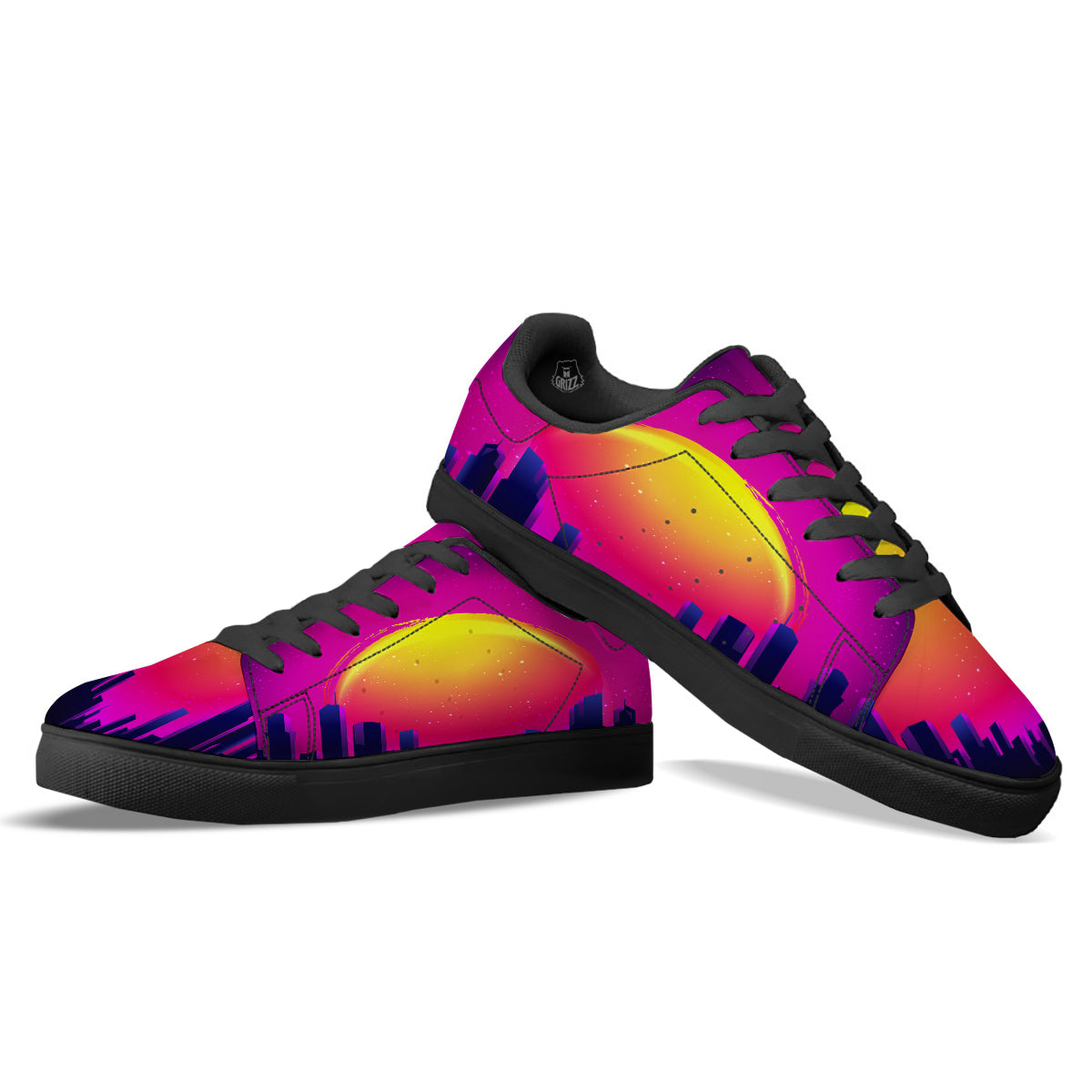 Retro City Sunrise Print Black Low Top Sneakers-grizzshop