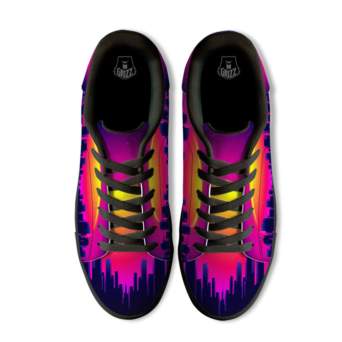 Retro City Sunrise Print Black Low Top Sneakers-grizzshop
