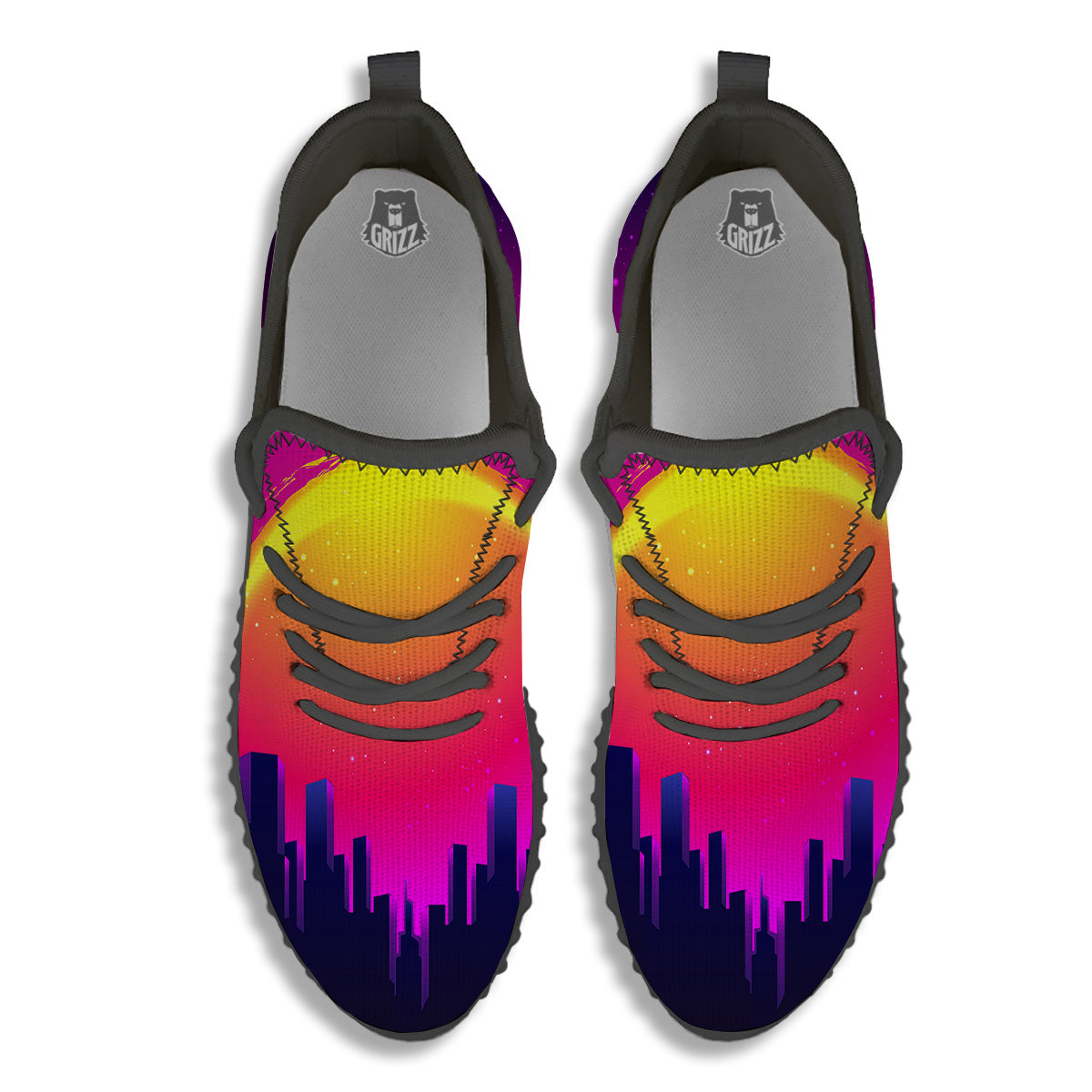 Retro City Sunrise Print Black Walking Shoes-grizzshop