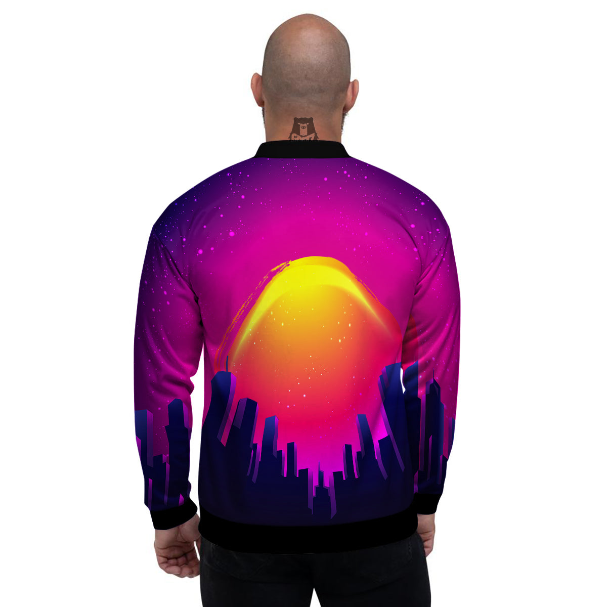 Retro City Sunrise Print Men's Bomber Jacket-grizzshop