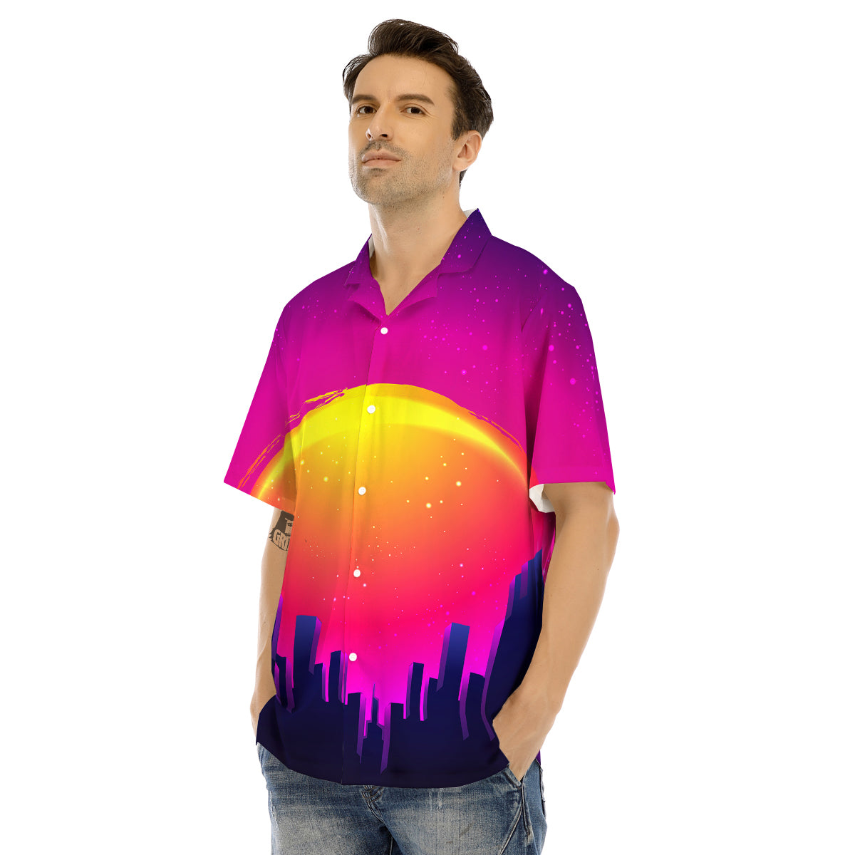 Retro City Sunrise Print Men's Hawaiian Shirt-grizzshop