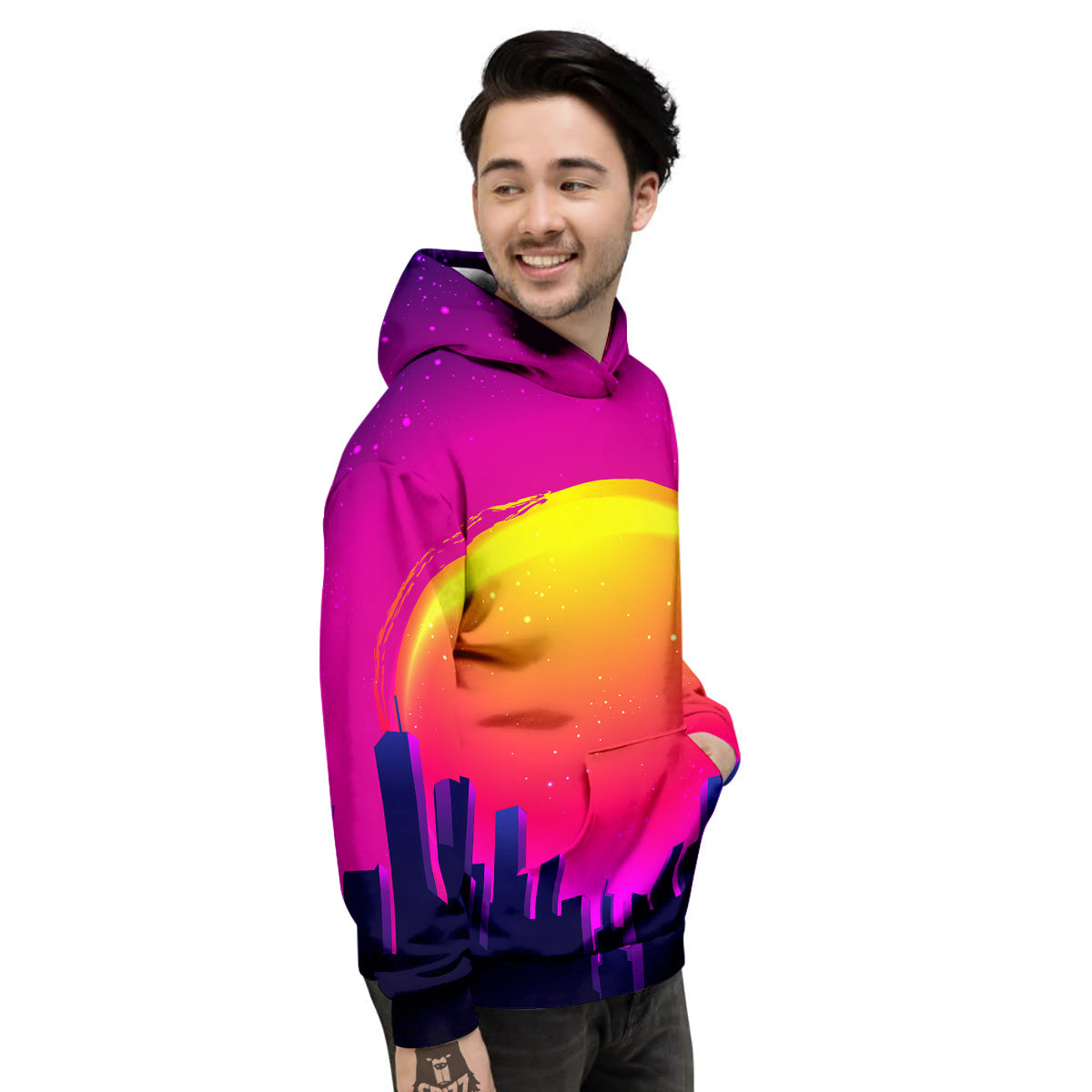 Retro City Sunrise Print Men's Hoodie-grizzshop