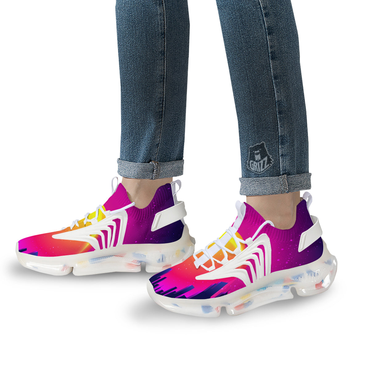Retro City Sunrise Print White Gym Shoes-grizzshop
