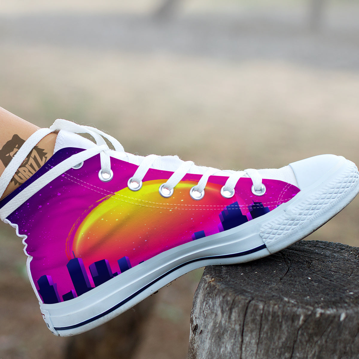 Retro City Sunrise Print White High Top Shoes-grizzshop