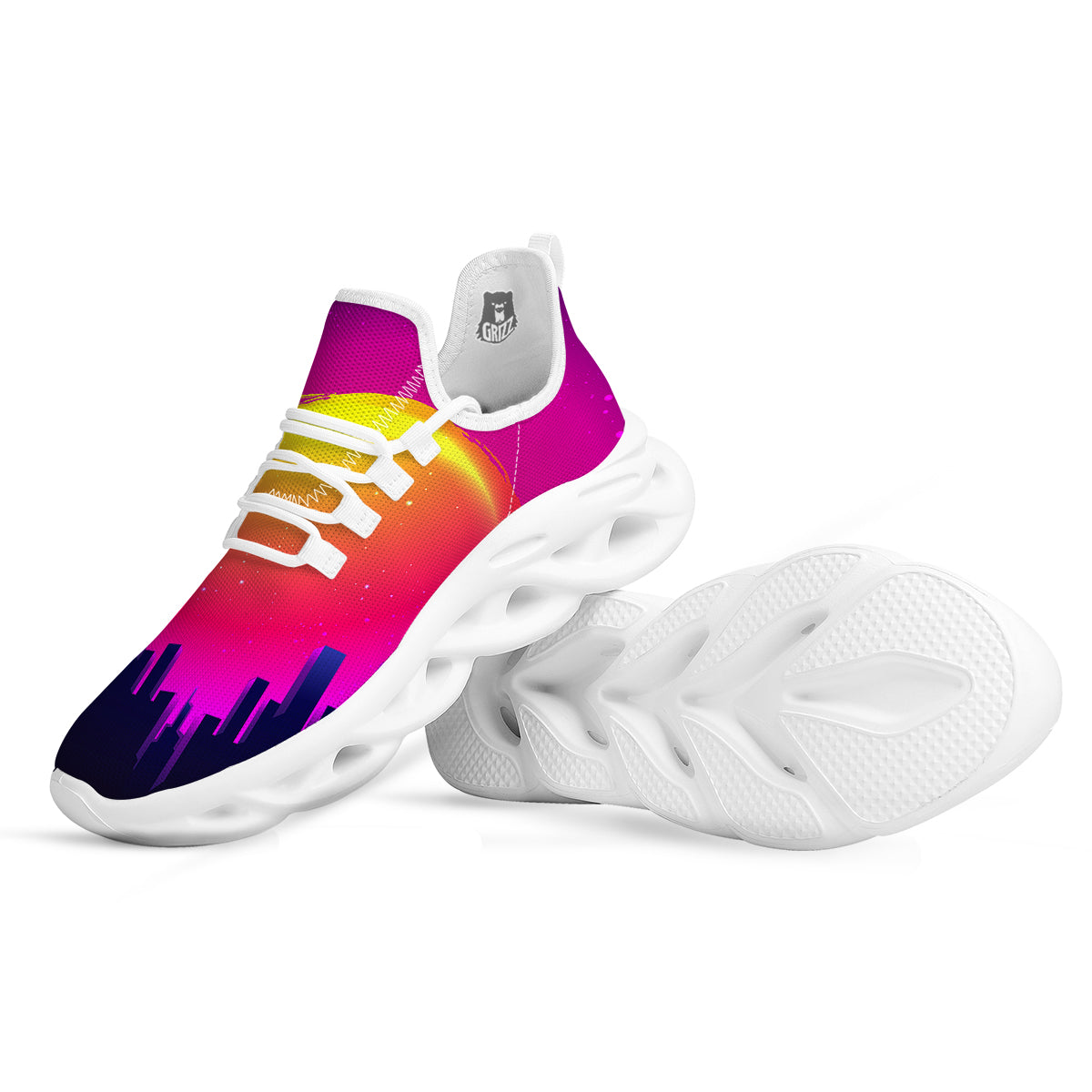 Retro City Sunrise Print White Running Shoes-grizzshop