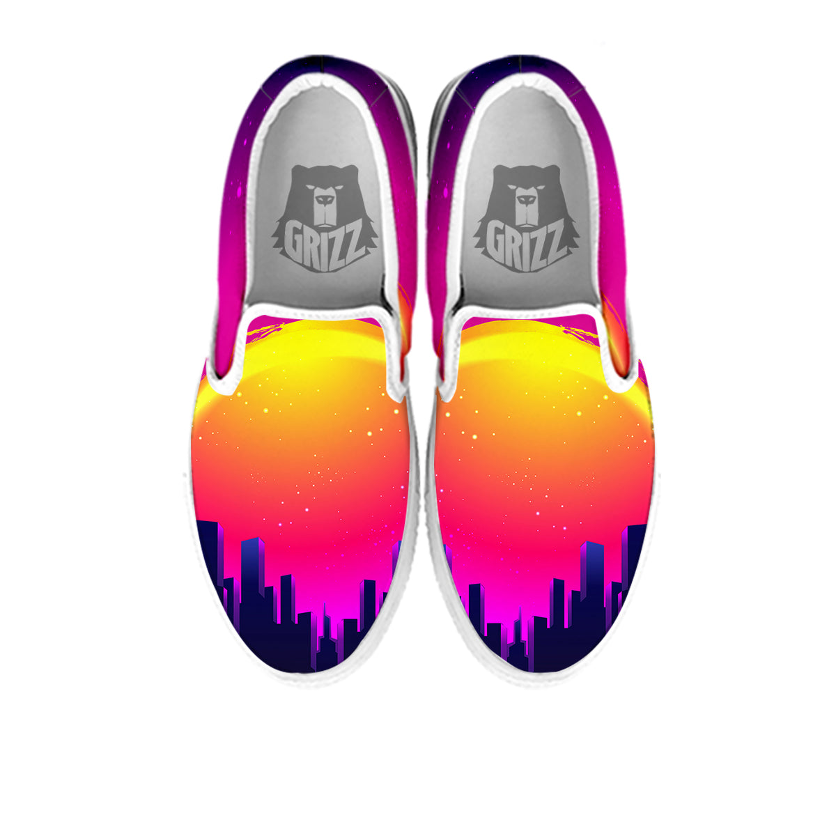 Retro City Sunrise Print White Slip On Shoes-grizzshop