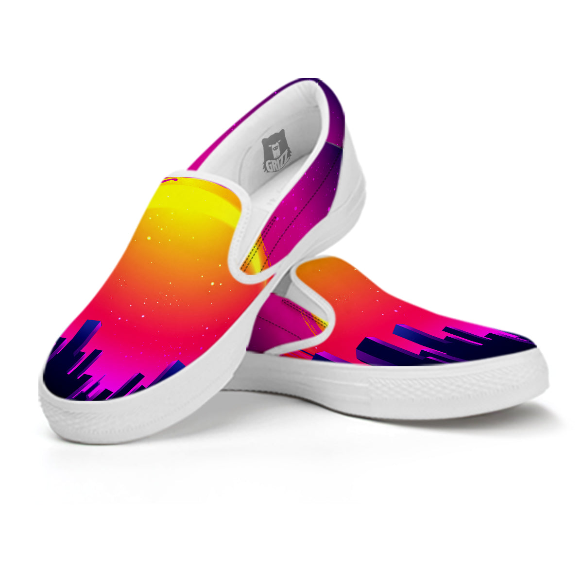 Retro City Sunrise Print White Slip On Shoes-grizzshop