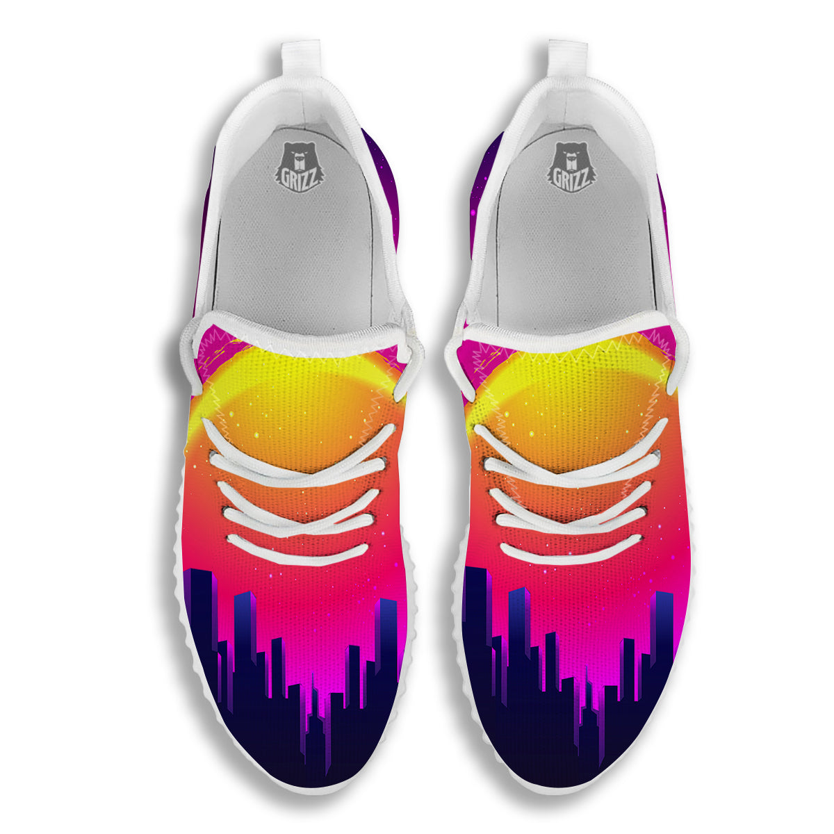 Retro City Sunrise Print White Walking Shoes-grizzshop