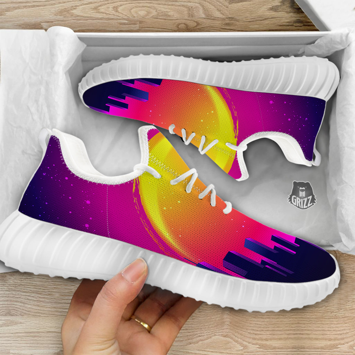 Retro City Sunrise Print White Walking Shoes-grizzshop