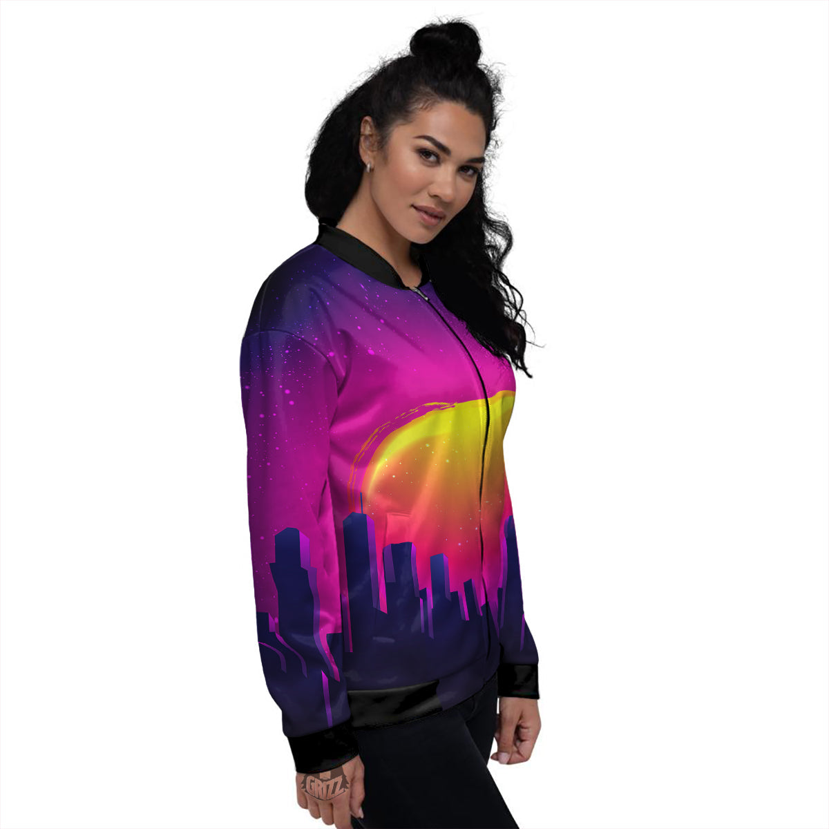 Retro City Sunrise Print Women's Bomber Jacket-grizzshop