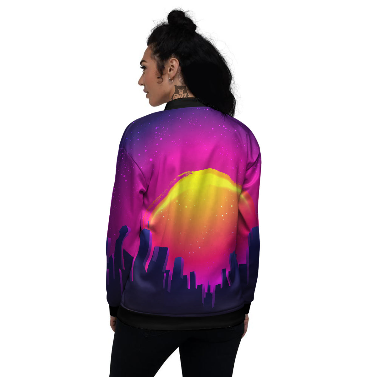 Retro City Sunrise Print Women's Bomber Jacket-grizzshop