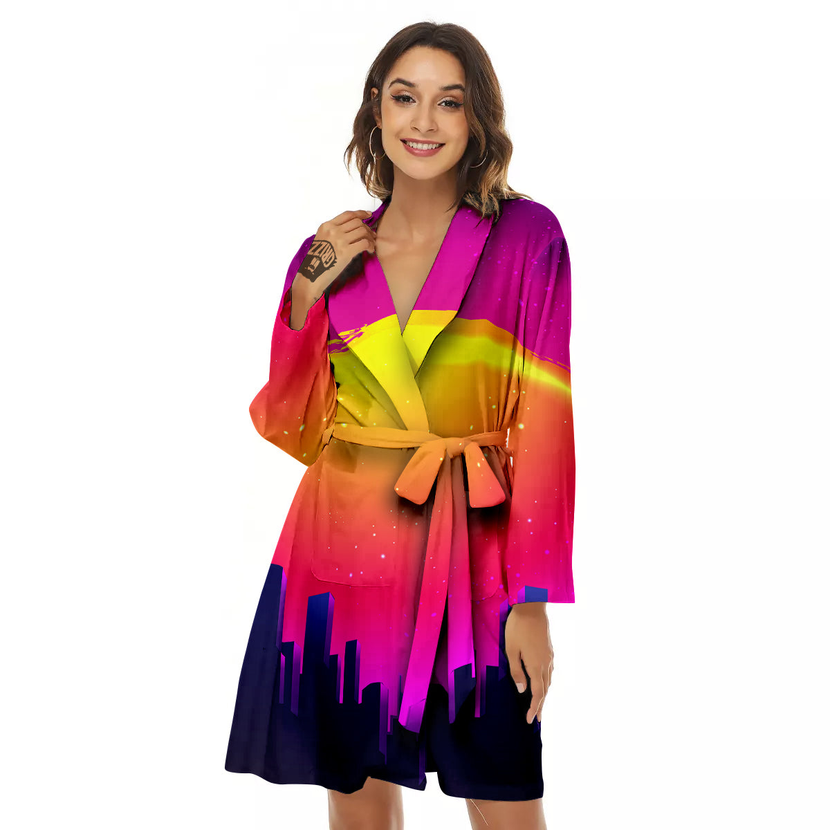 Retro City Sunrise Print Women's Robe-grizzshop