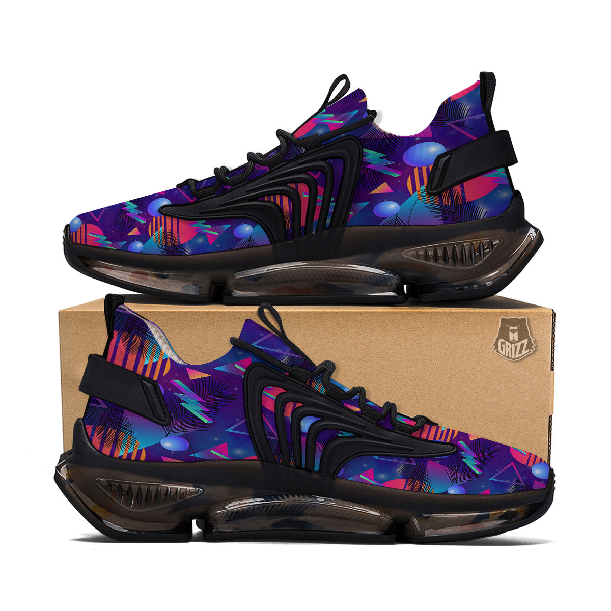 Retro Futuristic Neon Theme Print Pattern Black Gym Shoes-grizzshop