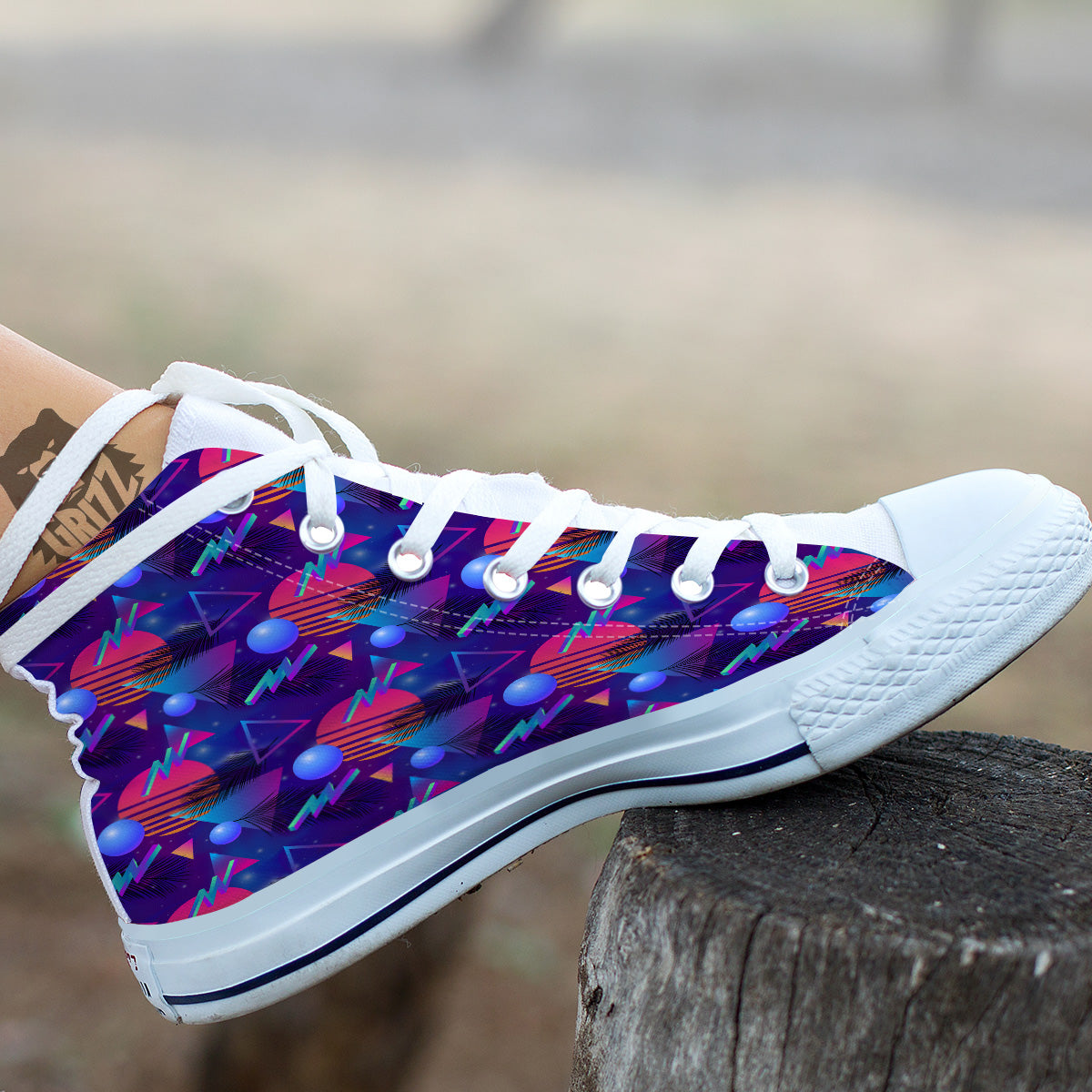 Retro Futuristic Neon Theme Print Pattern White High Top Shoes-grizzshop