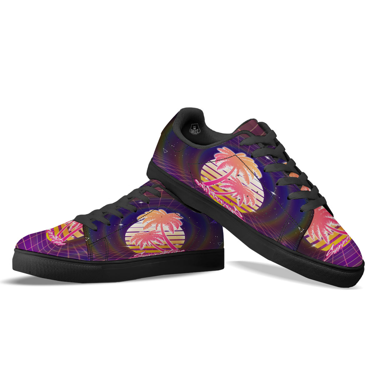 Retro Futuristic Palms Summer Time Print Black Low Top Sneakers-grizzshop