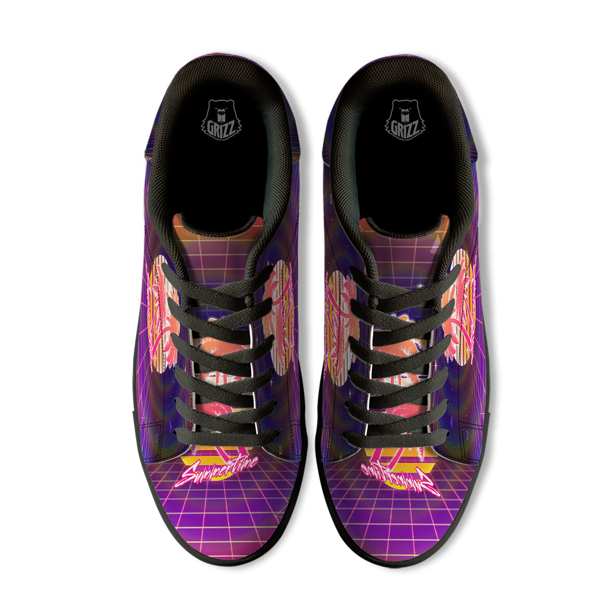 Retro Futuristic Palms Summer Time Print Black Low Top Sneakers-grizzshop