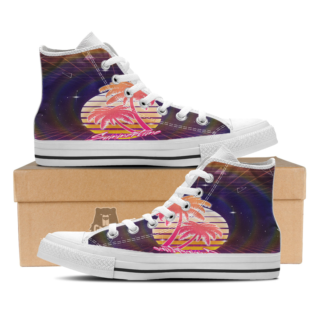 Retro Futuristic Palms Summer Time Print White High Top Shoes-grizzshop