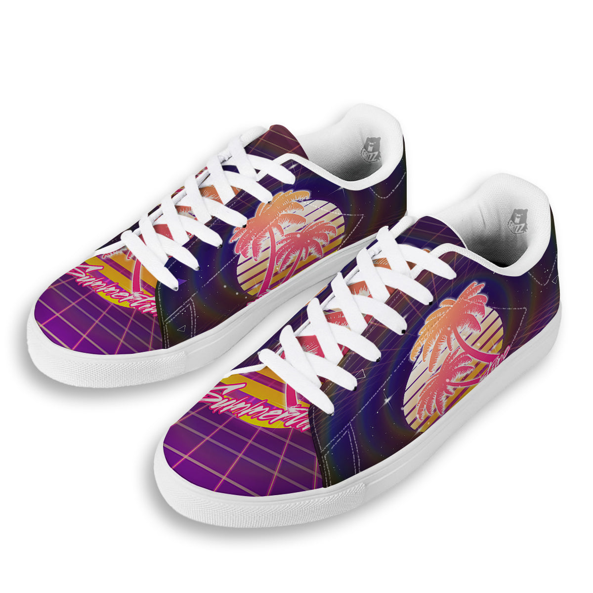 Retro Futuristic Palms Summer Time Print White Low Top Sneakers-grizzshop