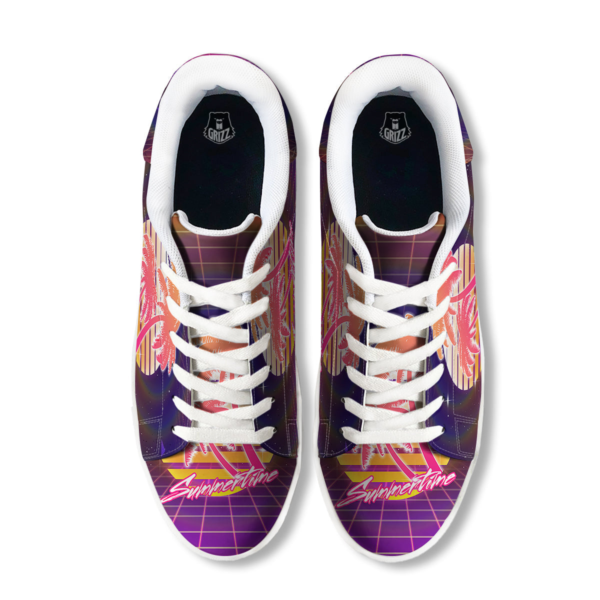 Retro Futuristic Palms Summer Time Print White Low Top Sneakers-grizzshop