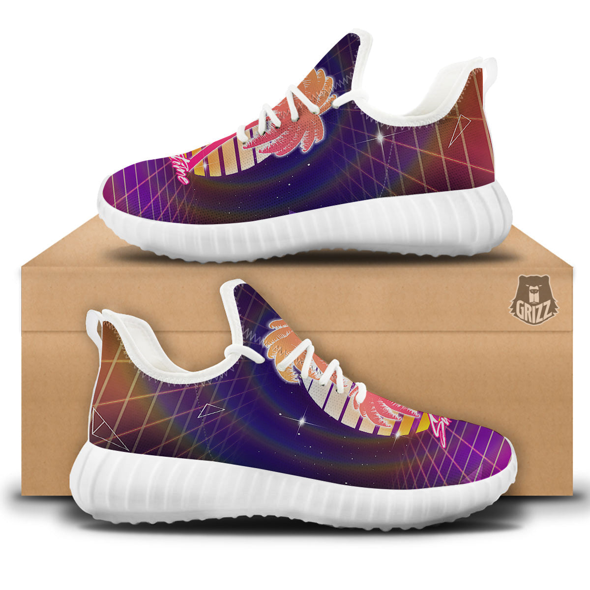 Retro Futuristic Palms Summer Time Print White Walking Shoes-grizzshop