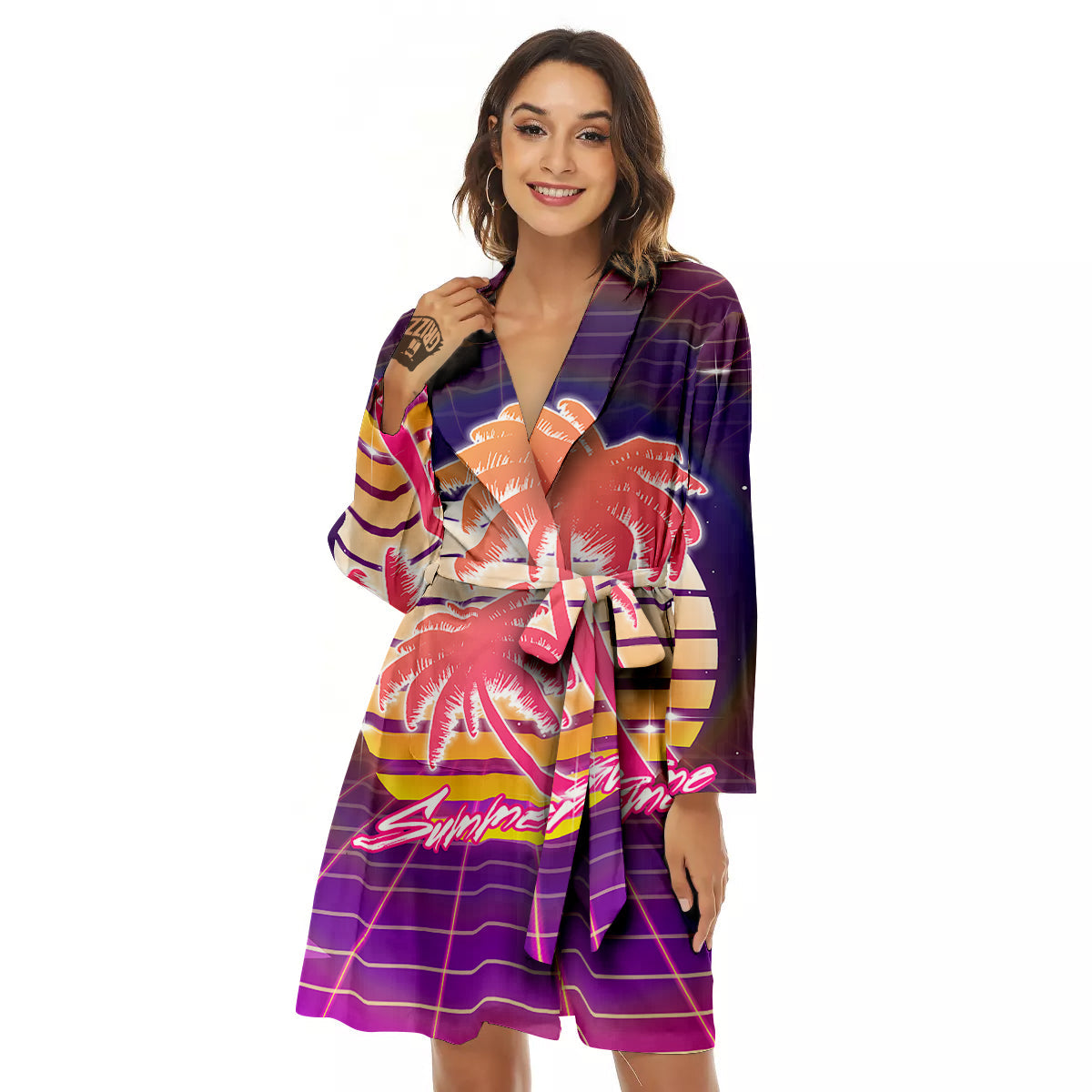 Retro Futuristic Palms Summer Time Print Women's Robe-grizzshop