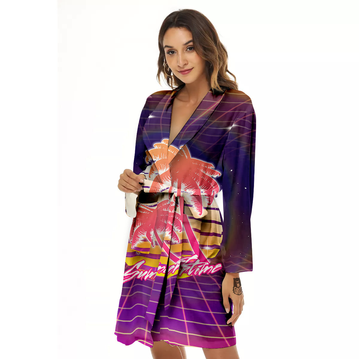 Retro Futuristic Palms Summer Time Print Women's Robe-grizzshop