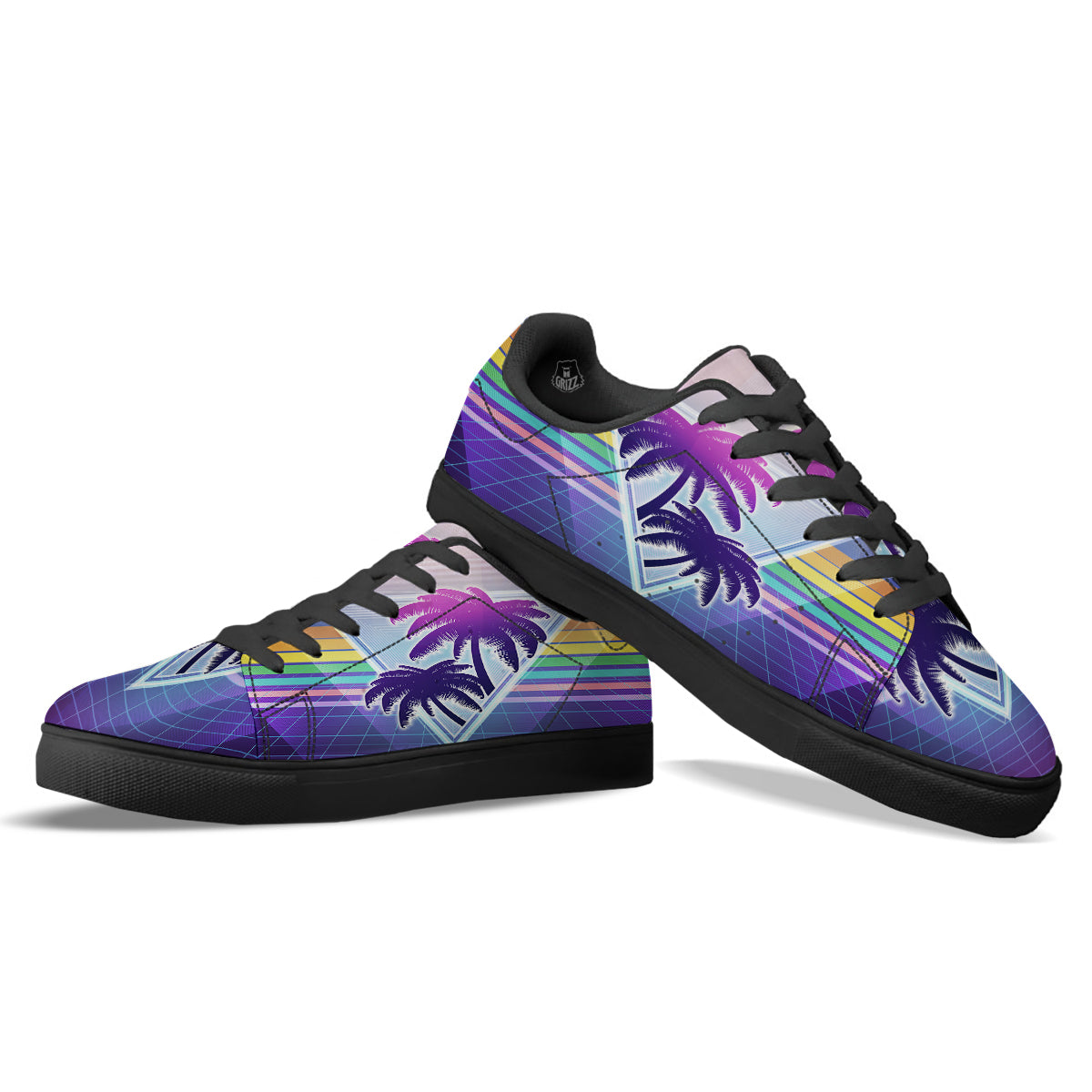 Retro Futuristic Palms Tree Print Black Low Top Sneakers-grizzshop