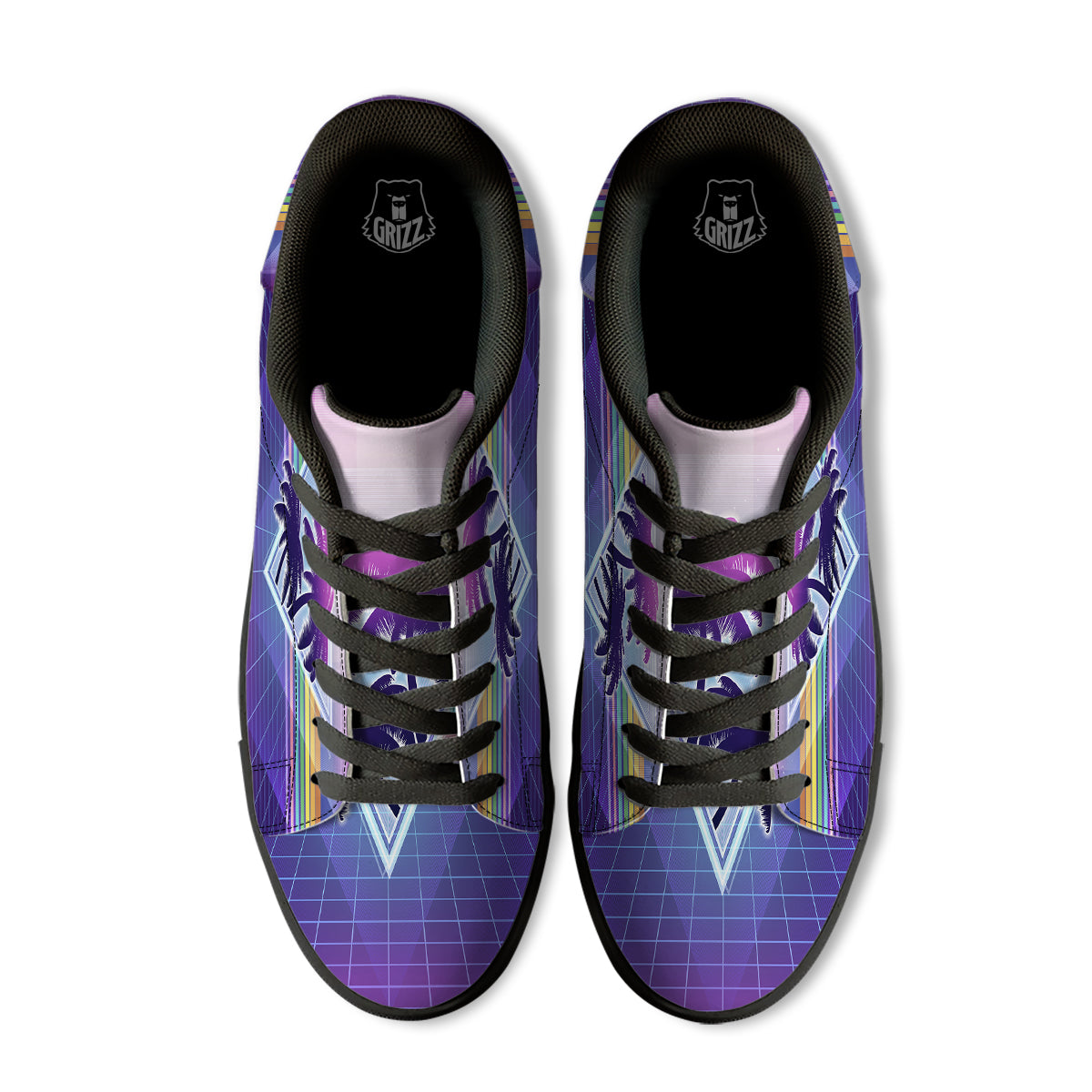 Retro Futuristic Palms Tree Print Black Low Top Sneakers-grizzshop