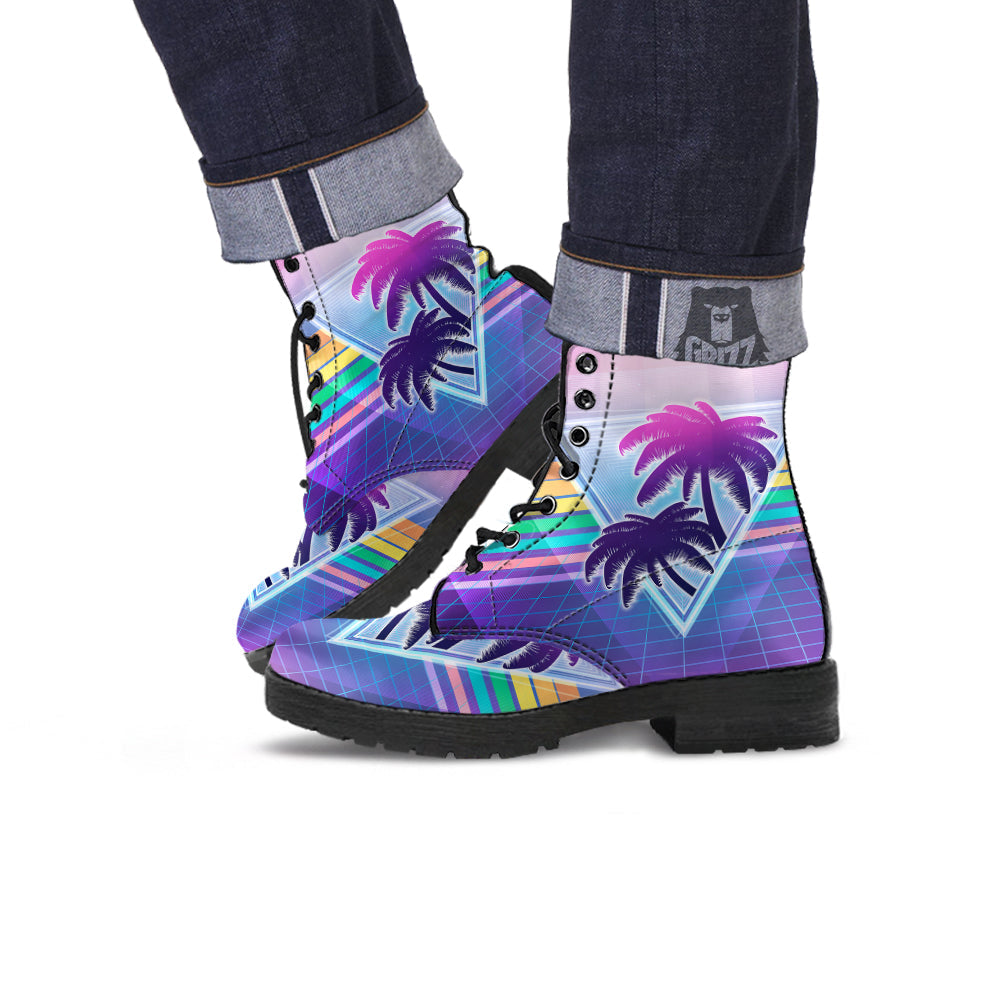 Retro Futuristic Palms Tree Print Leather Boots-grizzshop