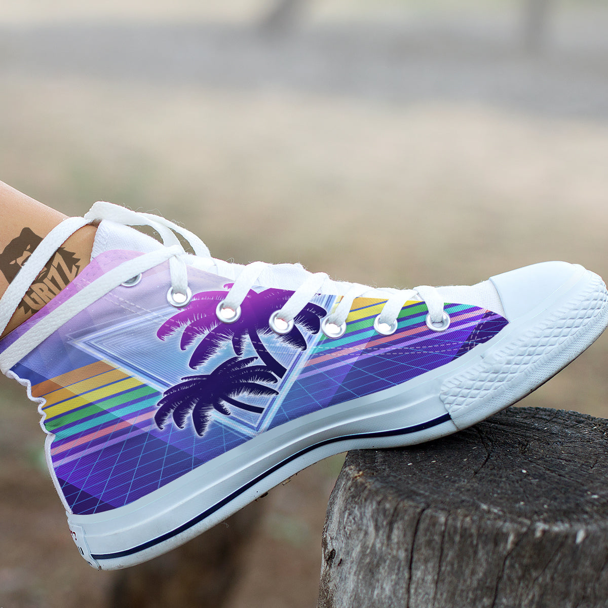 Retro Futuristic Palms Tree Print White High Top Shoes-grizzshop