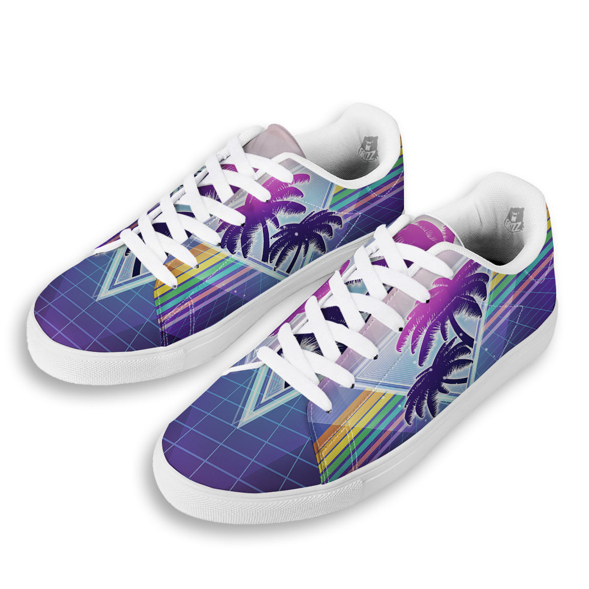 Retro Futuristic Palms Tree Print White Low Top Sneakers-grizzshop