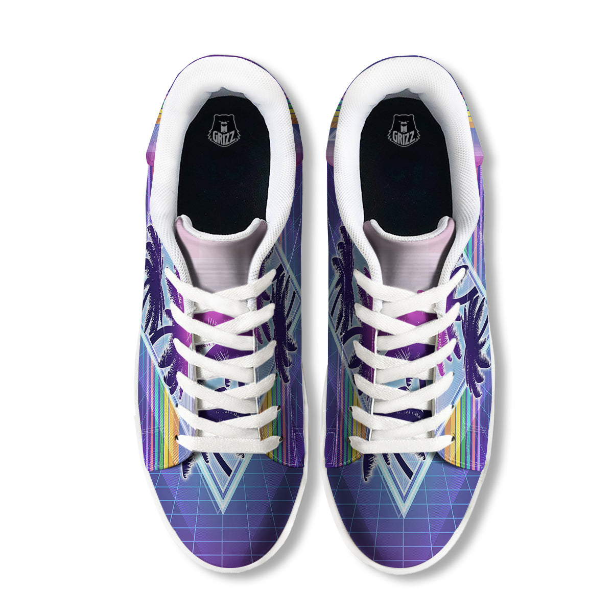 Retro Futuristic Palms Tree Print White Low Top Sneakers-grizzshop