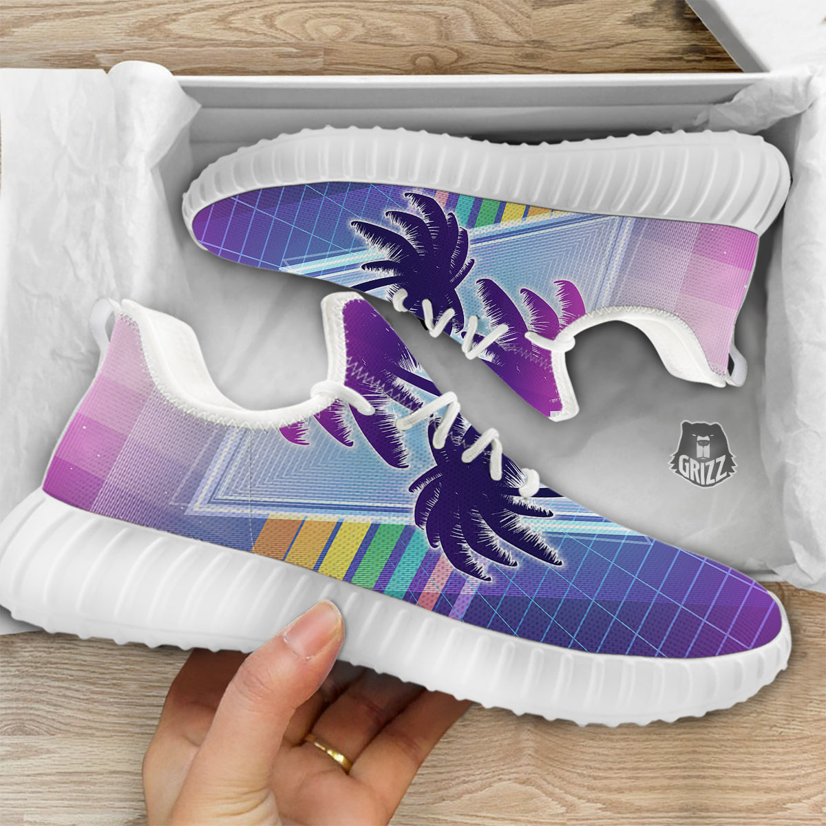 Retro Futuristic Palms Tree Print White Walking Shoes-grizzshop