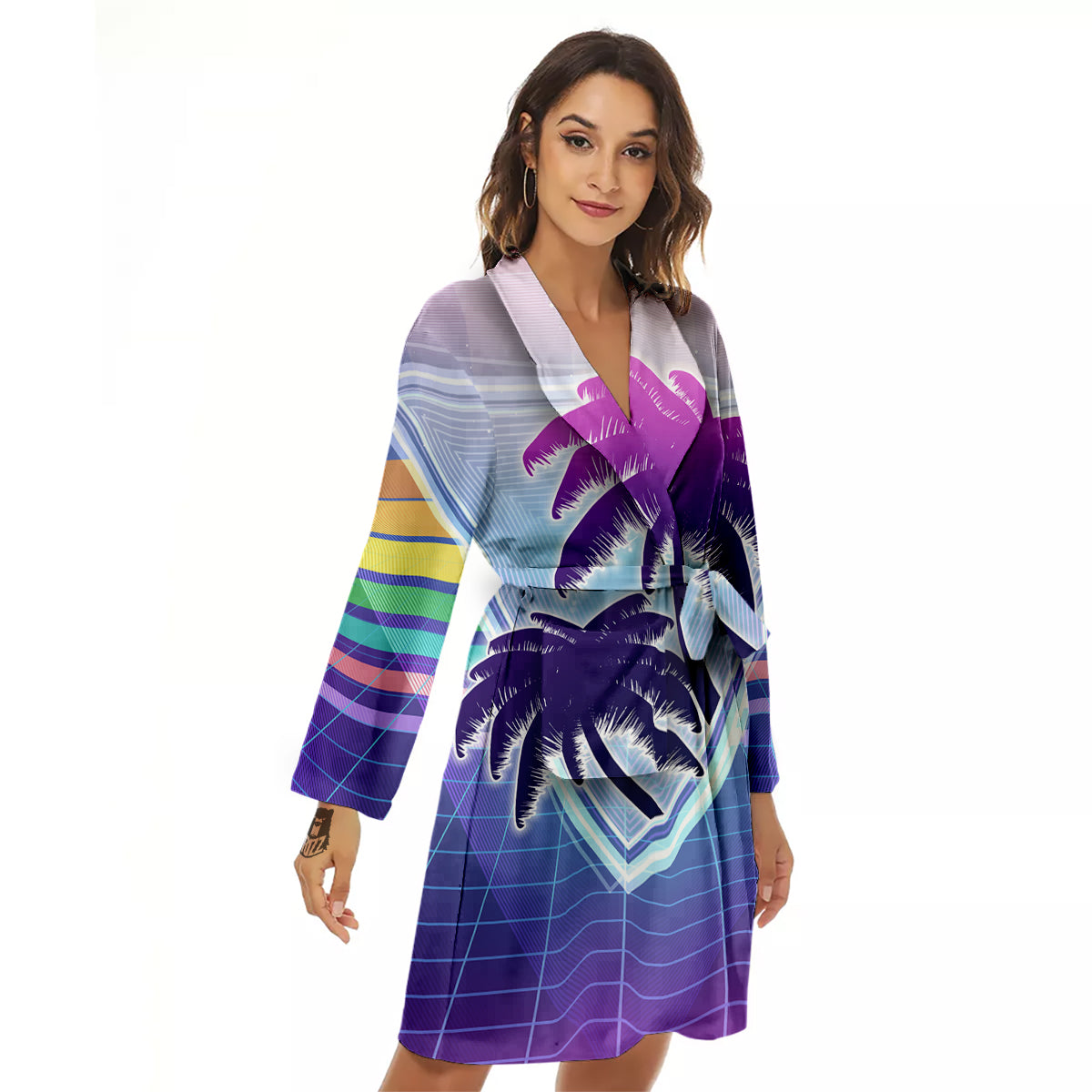 Retro Futuristic Palms Tree Print Women's Robe-grizzshop