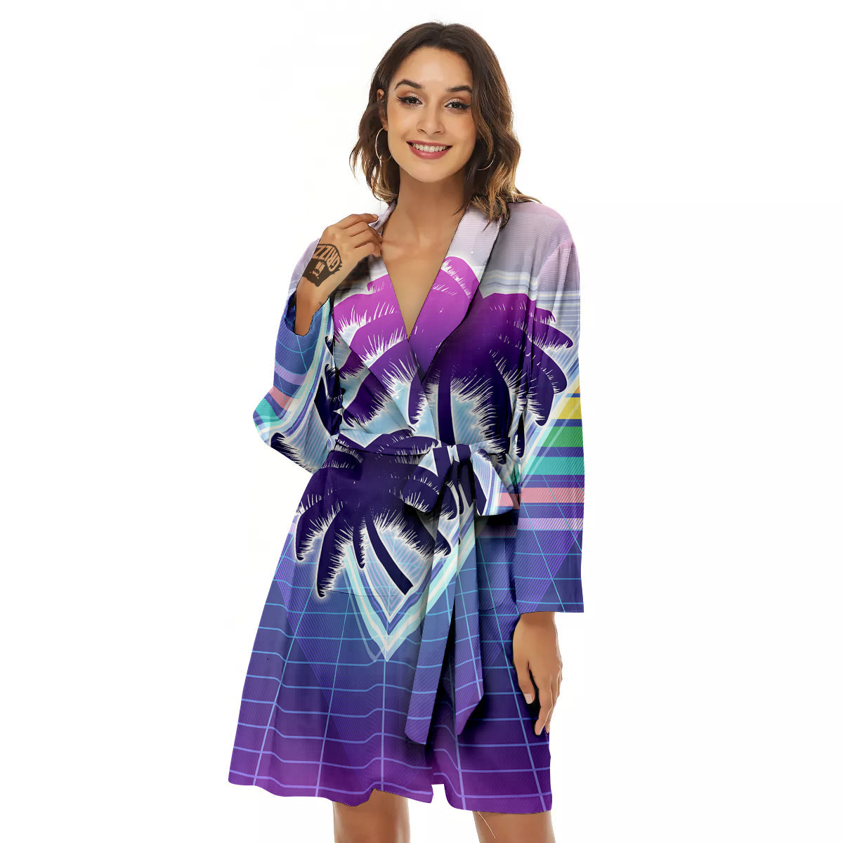 Retro Futuristic Palms Tree Print Women's Robe-grizzshop