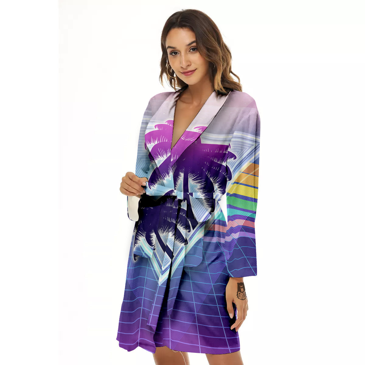 Retro Futuristic Palms Tree Print Women's Robe-grizzshop