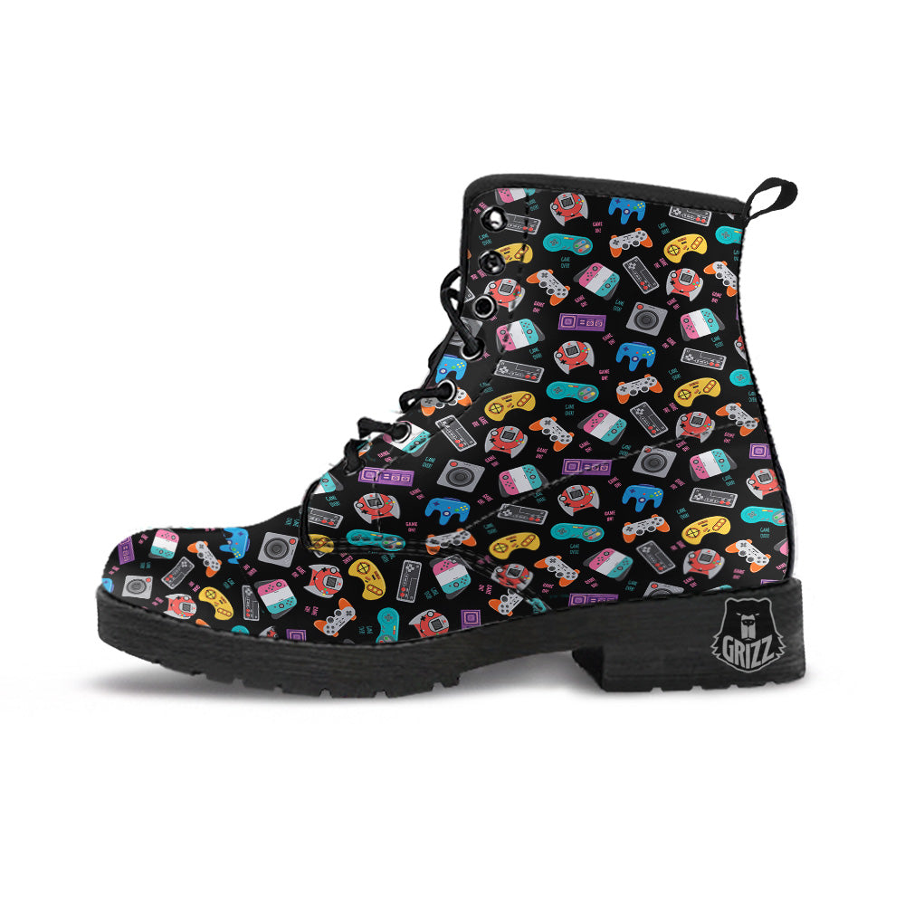 Retro Video Game Controller Print Pattern Leather Boots-grizzshop