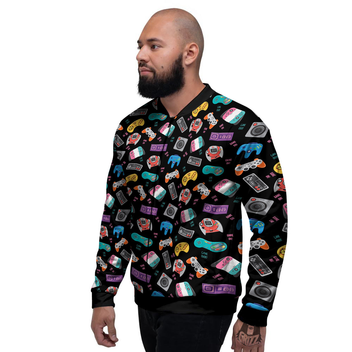 Retro Video Game Controller Print Pattern Men's Bomber Jacket-grizzshop