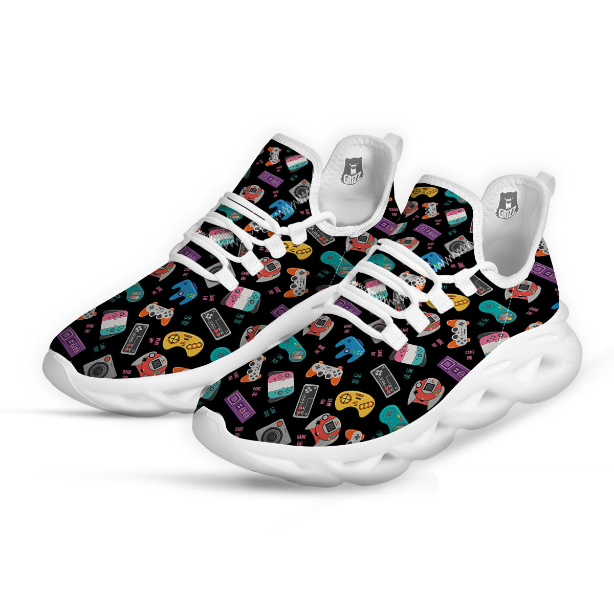 Retro Video Game Controller Print Pattern White Running Shoes-grizzshop