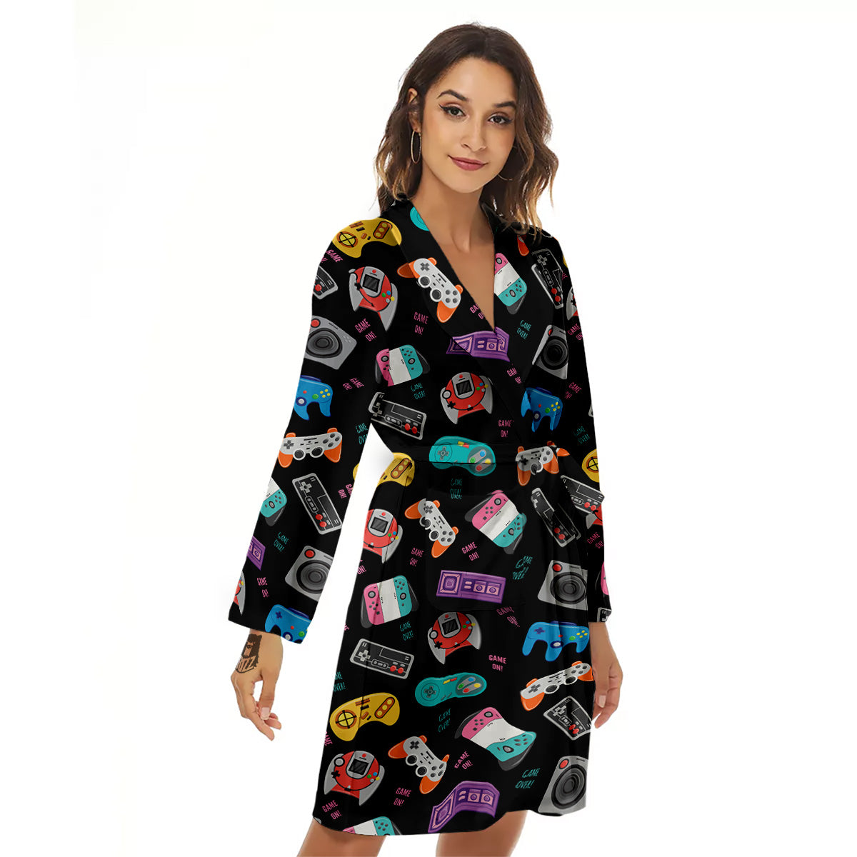Retro Video Game Controller Print Pattern Women's Robe-grizzshop