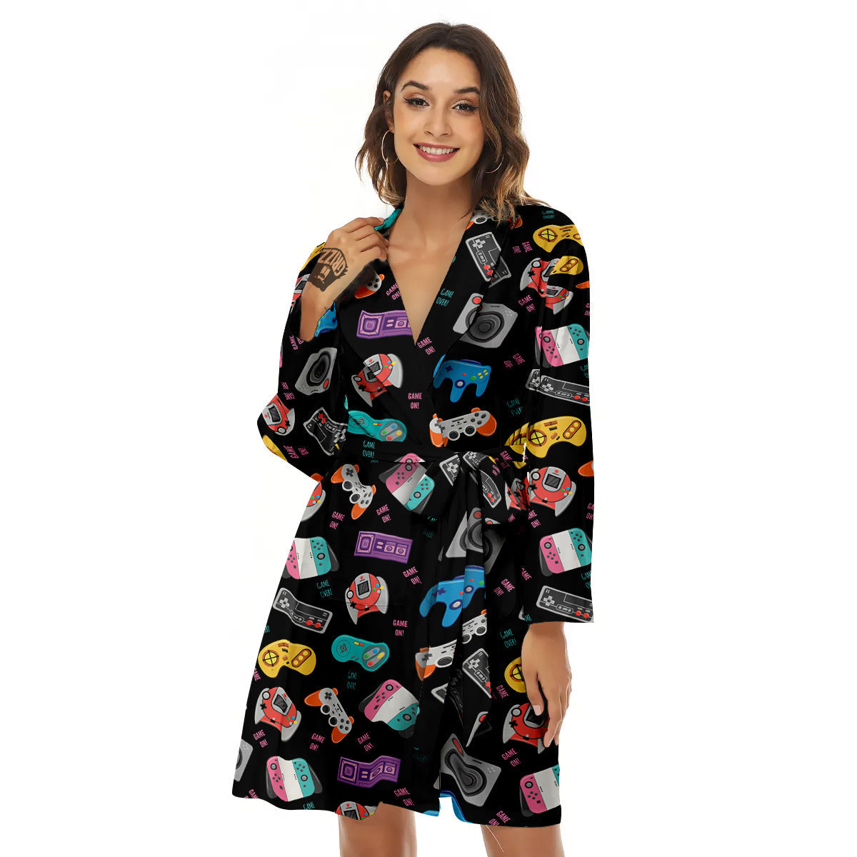 Retro Video Game Controller Print Pattern Women's Robe-grizzshop
