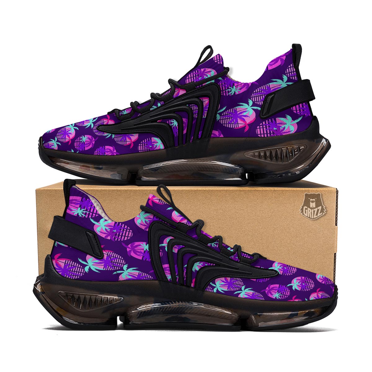 Retrowave Sunset Palm Tree Print Pattern Black Gym Shoes-grizzshop