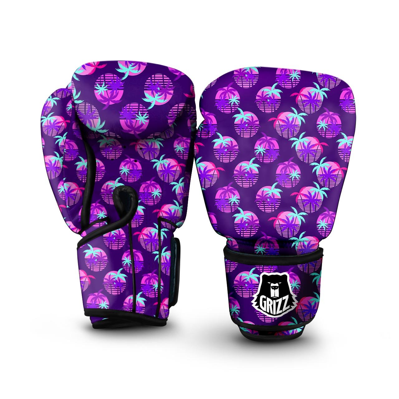Retrowave Sunset Palm Tree Print Pattern Boxing Gloves-grizzshop