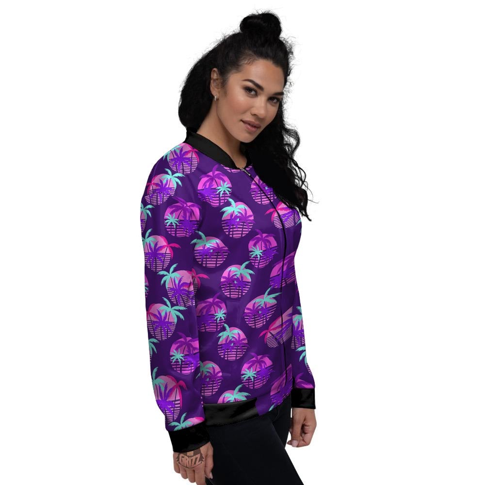 Retrowave Sunset Palm Tree Print Pattern Women's Bomber Jacket-grizzshop