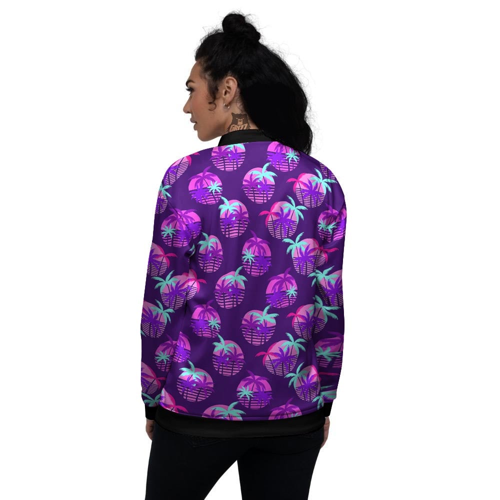 Retrowave Sunset Palm Tree Print Pattern Women's Bomber Jacket-grizzshop