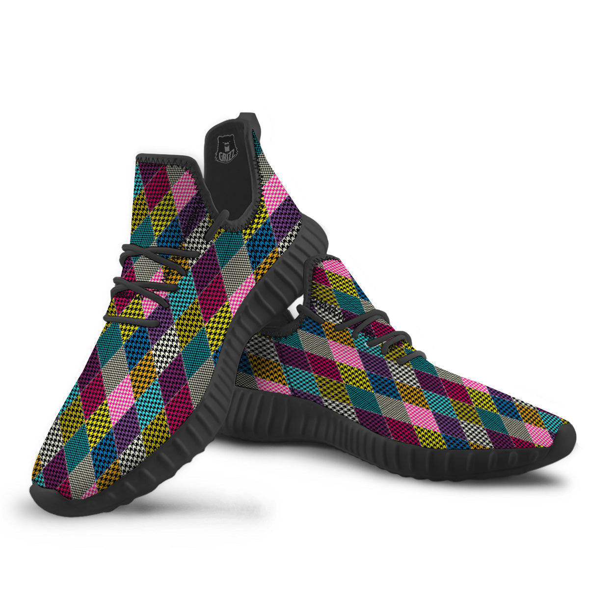 Rhombuses Houndstooth Colorful Print Pattern Black Walking Shoes-grizzshop