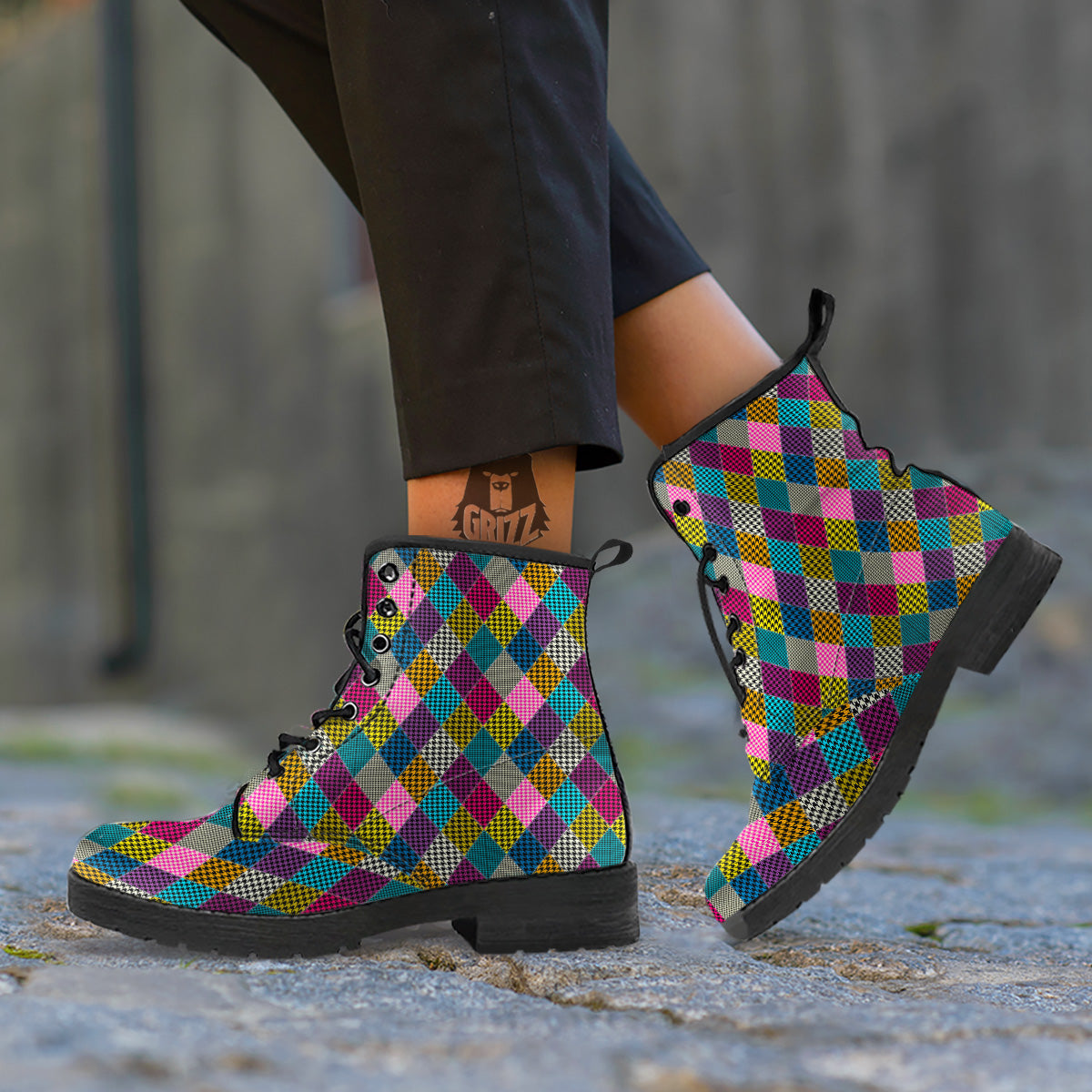 Rhombuses Houndstooth Colorful Print Pattern Leather Boots-grizzshop