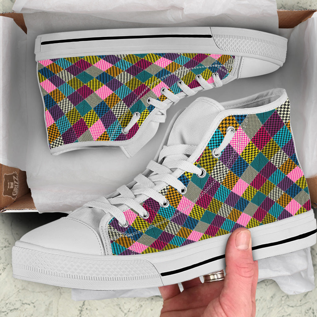 Rhombuses Houndstooth Colorful Print Pattern White High Top Shoes-grizzshop