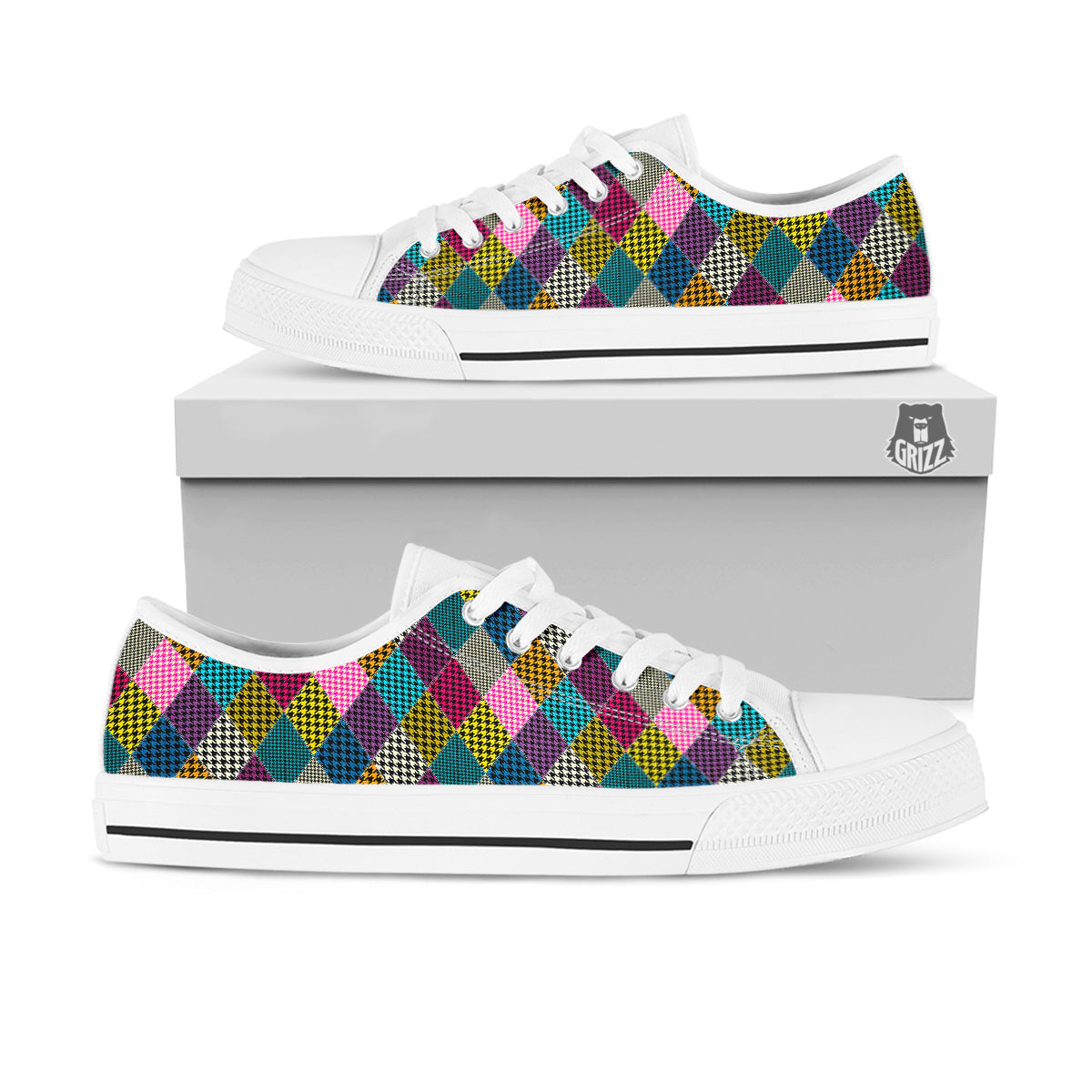Rhombuses Houndstooth Colorful Print Pattern White Low Top Shoes-grizzshop