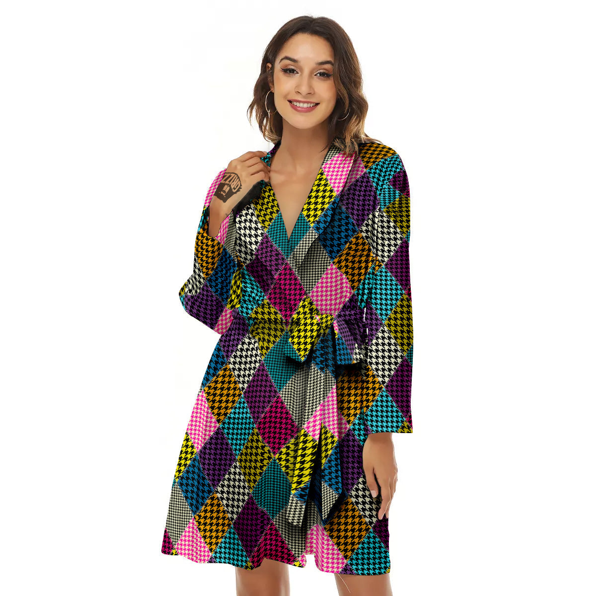 Rhombuses Houndstooth Colorful Print Pattern Women's Robe-grizzshop